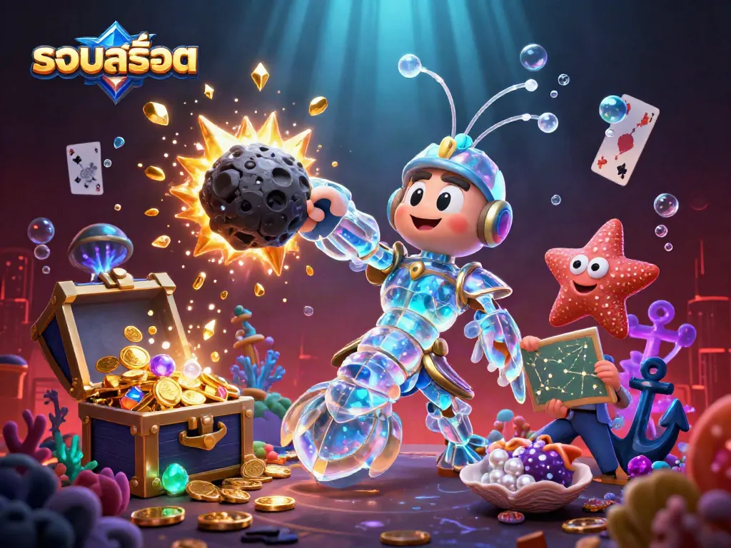 Experience รวมสล็อต adventure with a galactic samurai mantis shrimp in action, bursting through asteroids for treasures.