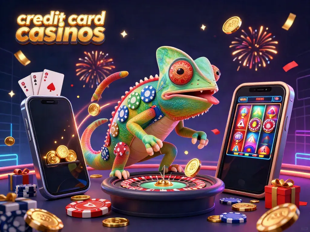 Engaging scene of credit card casinos with a colorful chameleon casino owner and dynamic gaming elements.