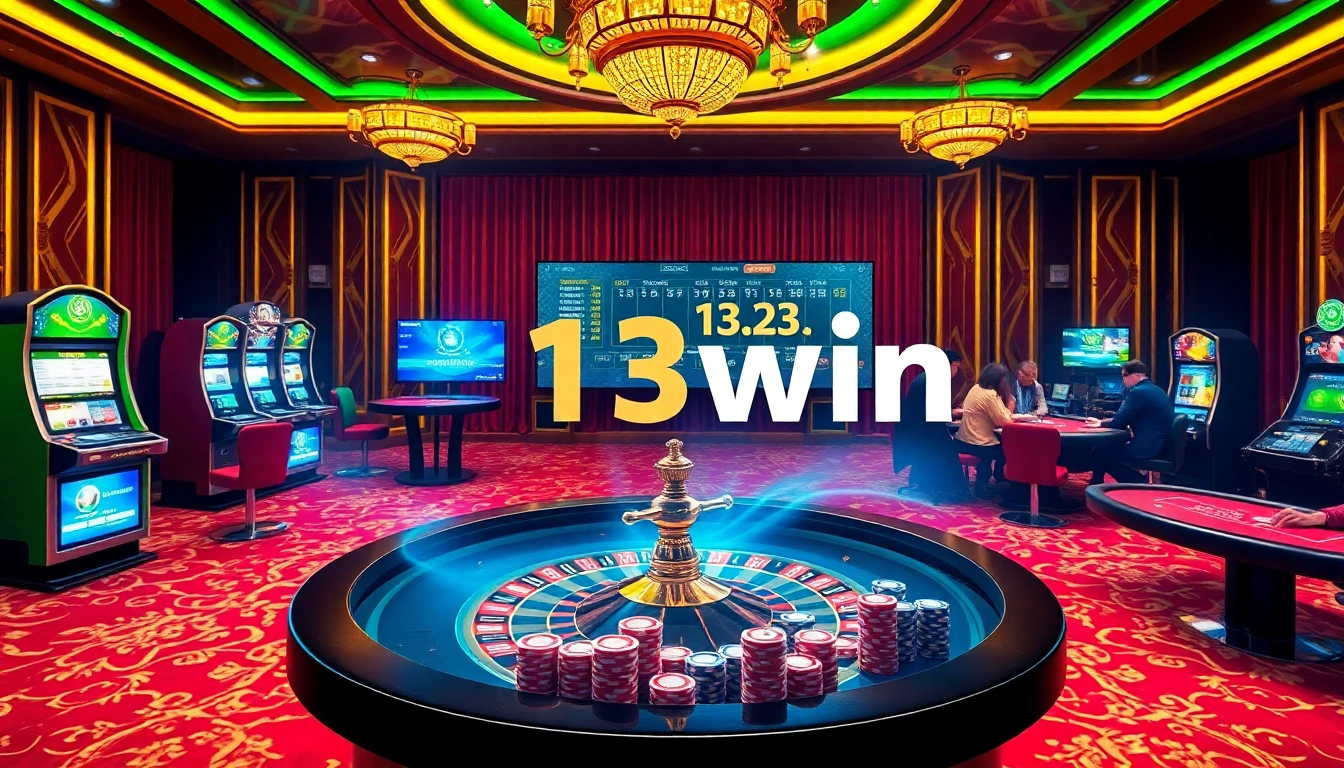 Experience the thrill of gaming at 13win with a vibrant casino scene showcasing roulette, poker, and slot machines.
