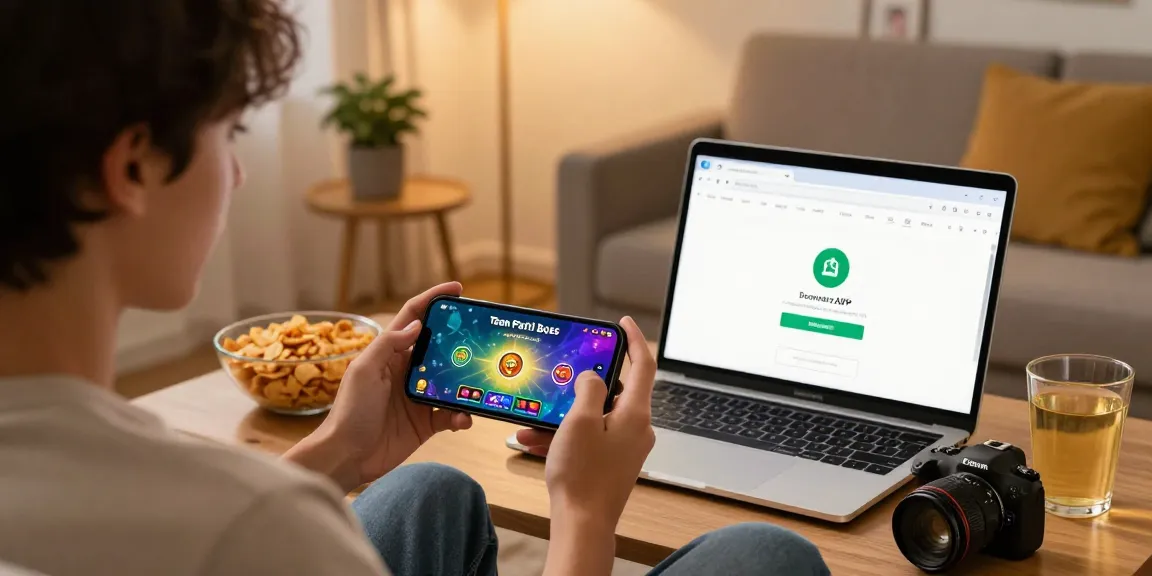 Exciting gameplay on Teen Patti Boss APK with official link displayed on a laptop in a cozy living room.