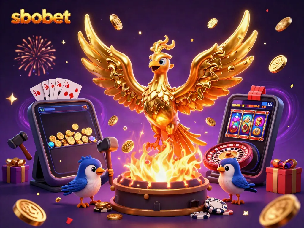Experience vibrant sbobet action with a molten phoenix and gaming elements in a dynamic casino scene.