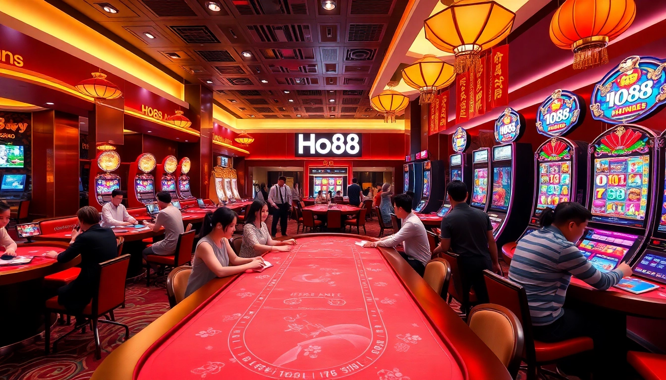 Ho88 vibrant digital casino with players engaged in live gaming and colorful slot machines.