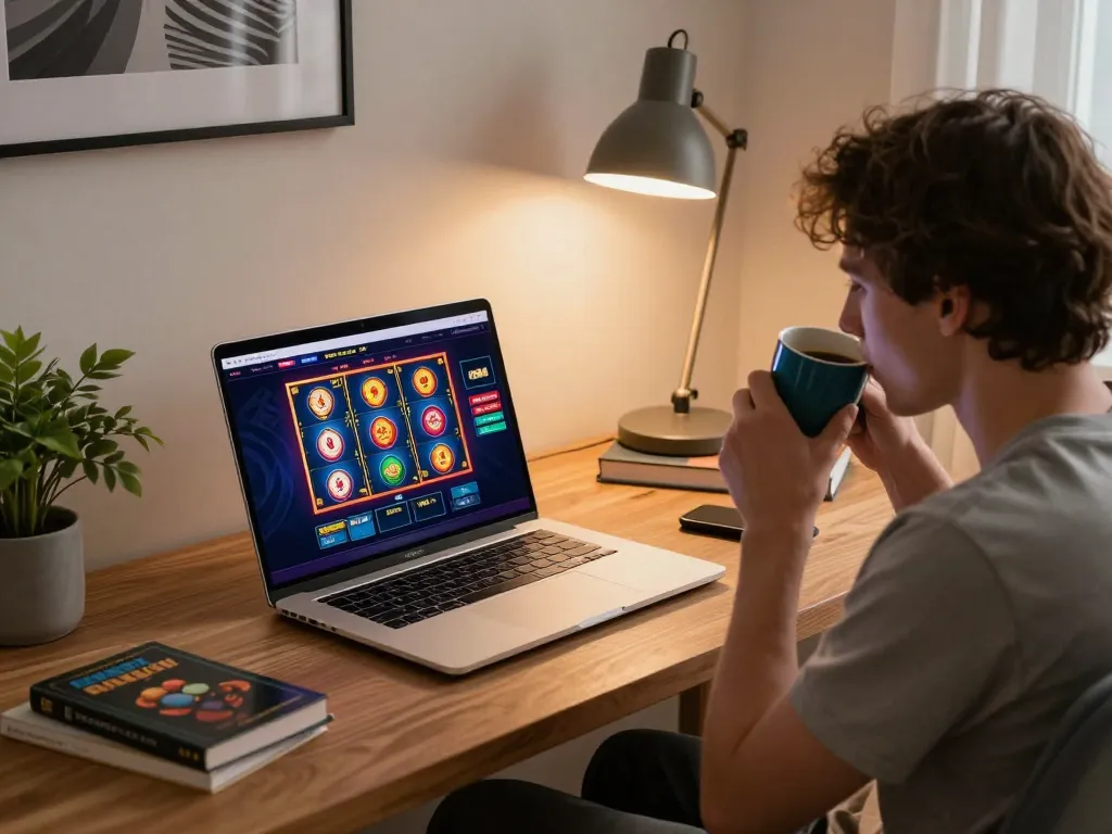 Player engaging with u888 online casino platform, laptop displaying dynamic game graphics, cozy home setting.