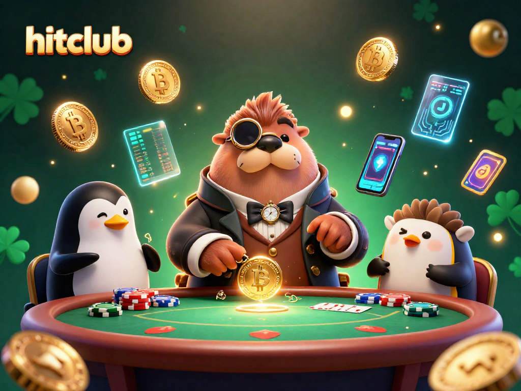 Hitclub players enjoy poker with a jolly walrus and sophisticated dealer, showcasing crypto elements.