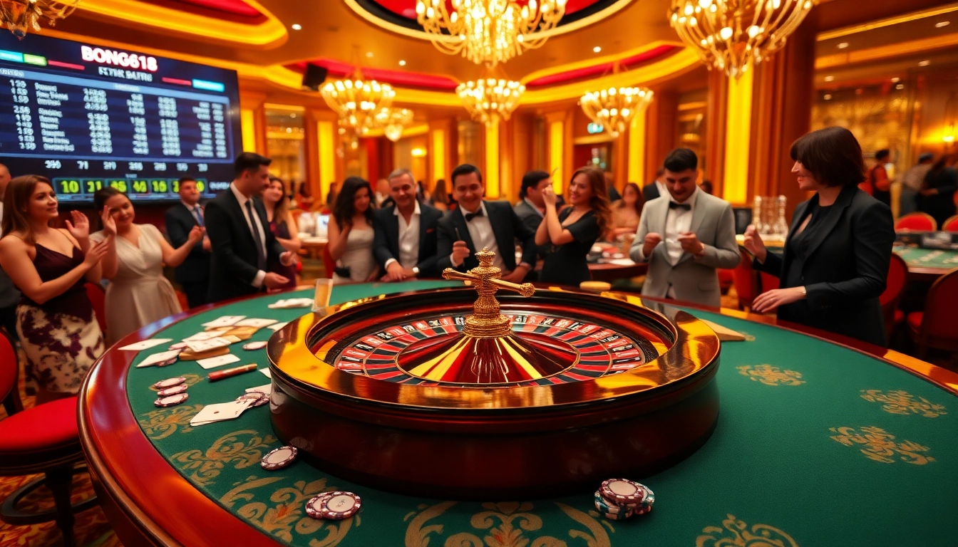 Join the excitement at https://bong88.casa/ with players at a roulette table surrounded by poker chips and cards.