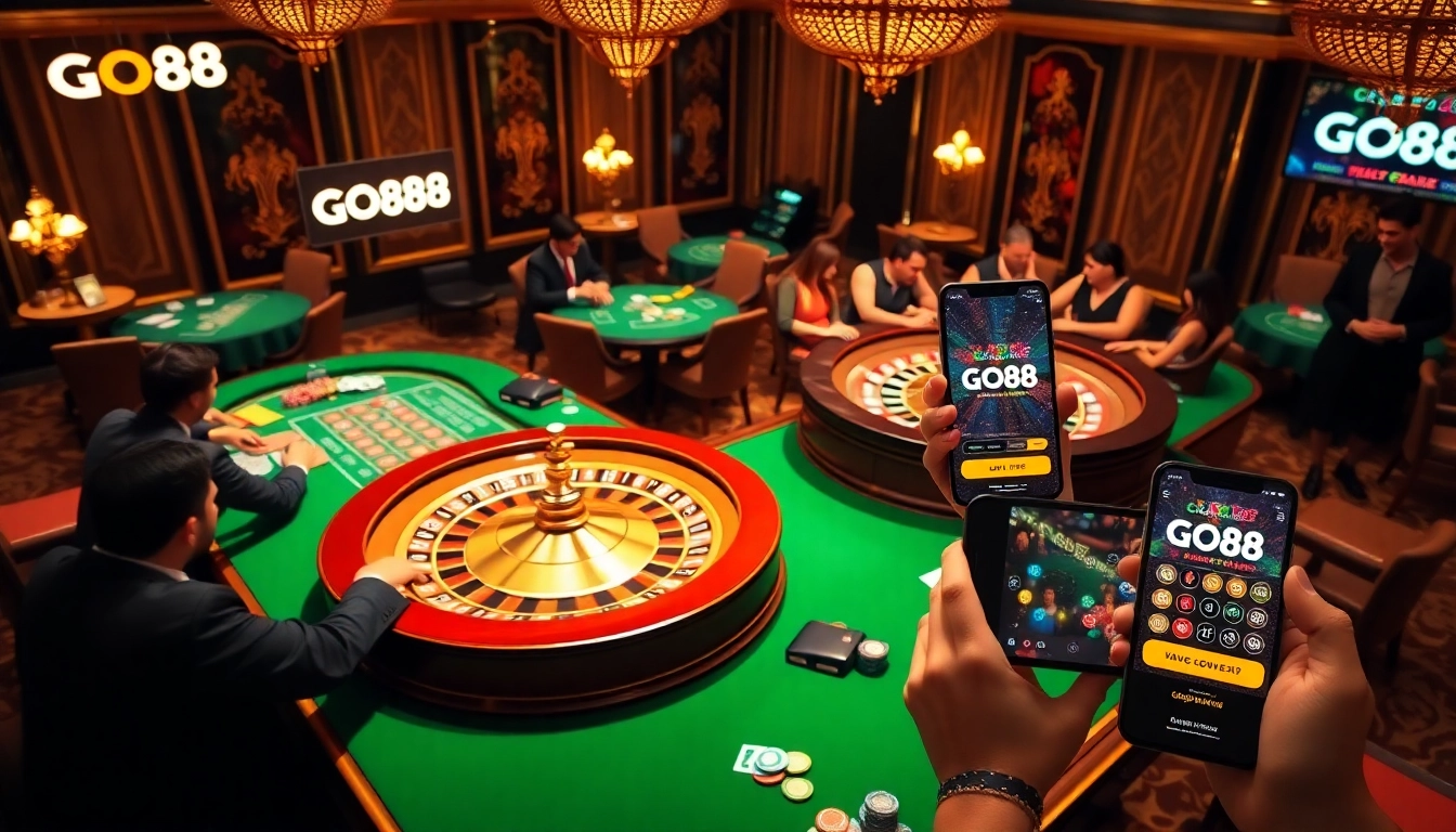 Engage with GO88's dynamic online gaming experience featuring casino tables and vibrant screens.