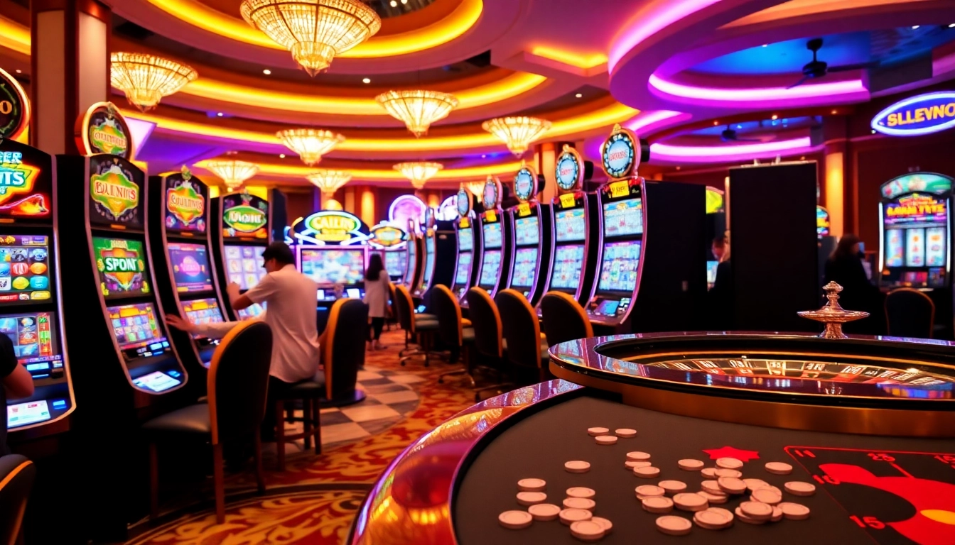 Players engaging with slot888 machines in a vibrant casino atmosphere.