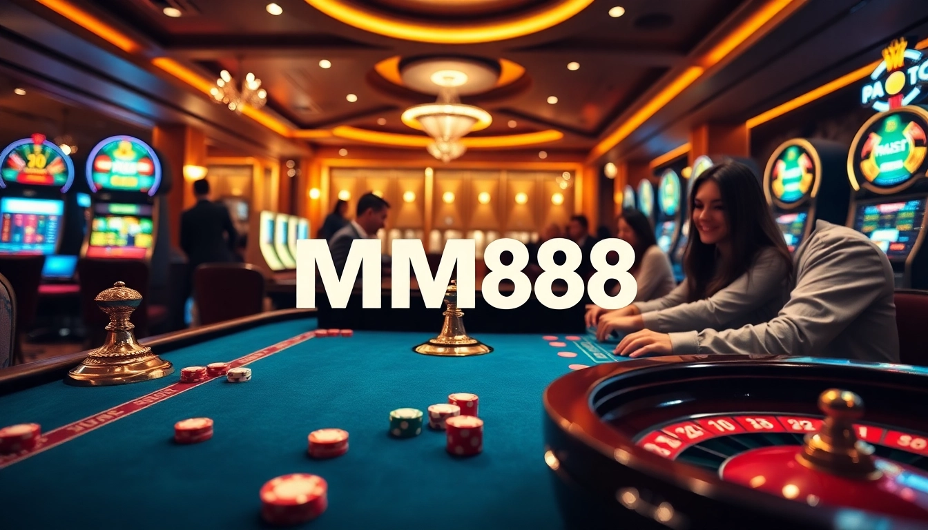 Players enjoying a thrilling moment at MM88 casino, featuring vibrant tables and slot machines.