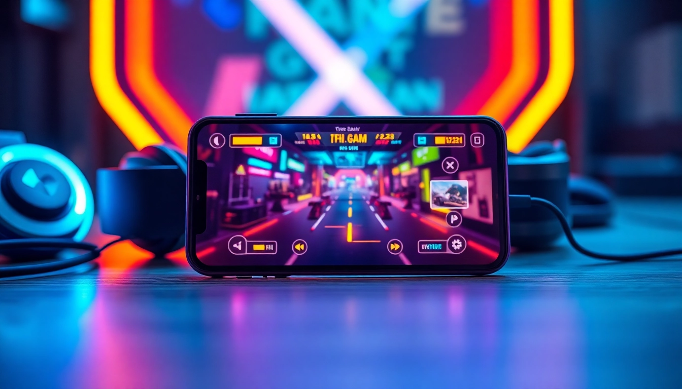 Jogue hi game em um smartphone moderno com acessórios de jogos em destaque.