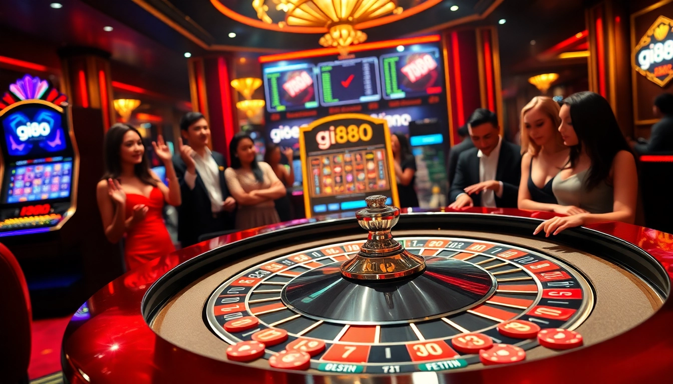 Excited players enjoy gaming at gi88's luxurious online casino with roulette and slot machines.