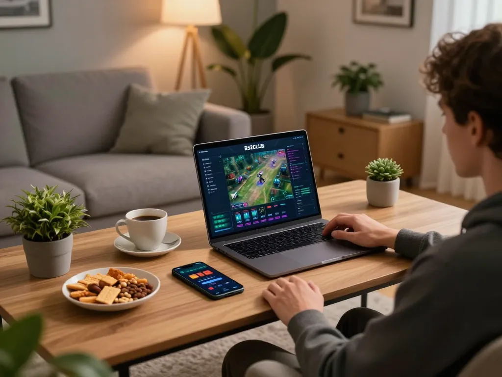 B52CLUB user engaging in online gaming, showcasing a modern setup with laptop and betting app in hand