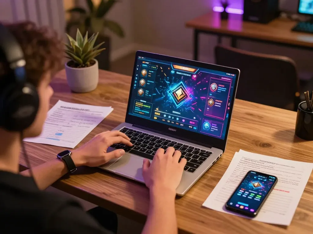 Engaging in the okwin game on a laptop, surrounded by strategic notes, creating a cozy gaming atmosphere.