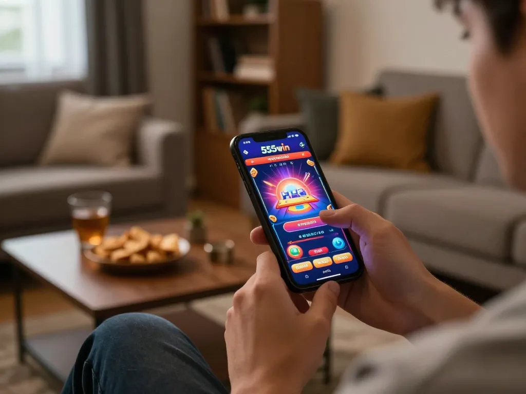 Player enjoying the exciting 555win casino app on smartphone in cozy living room.