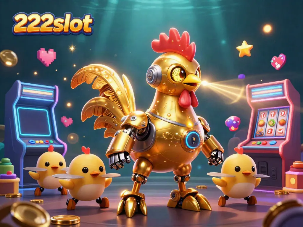 Judul slot 222slot dengan robot ayam elegan dan mesin arcade penuh warna dalam permainan online.