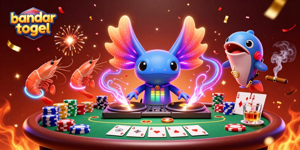 Engage with bandar togel excitement through a vibrant casino scene featuring a DJ axolotl and animated sea creatures.