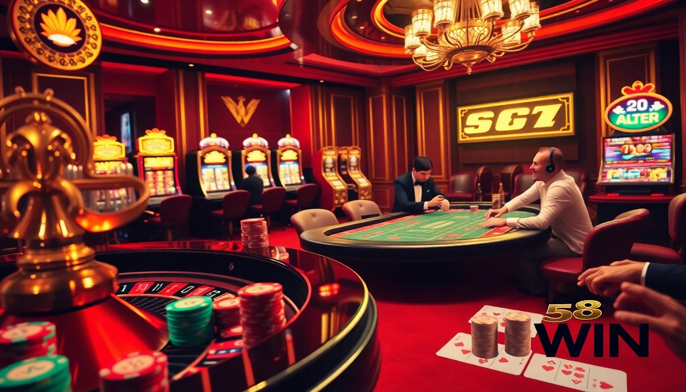Experience thrilling gaming action at 58WIN with colorful poker chips and a vibrant roulette wheel.
