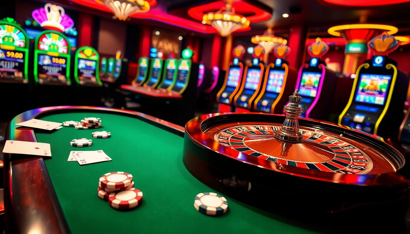 A dynamic online casino scene featuring a roulette wheel and poker table from https://lc88.co.com/, evoking excitement and luxury.