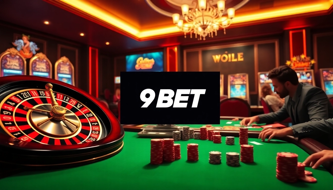 Players enjoying a high-stakes poker game at 9BET casino, showcasing excitement and luxury.