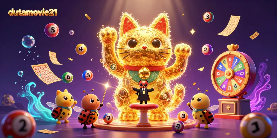 Experience the luck of dutamovie21 with a vibrant 3D illustration featuring a lucky cat amidst casino symbols.