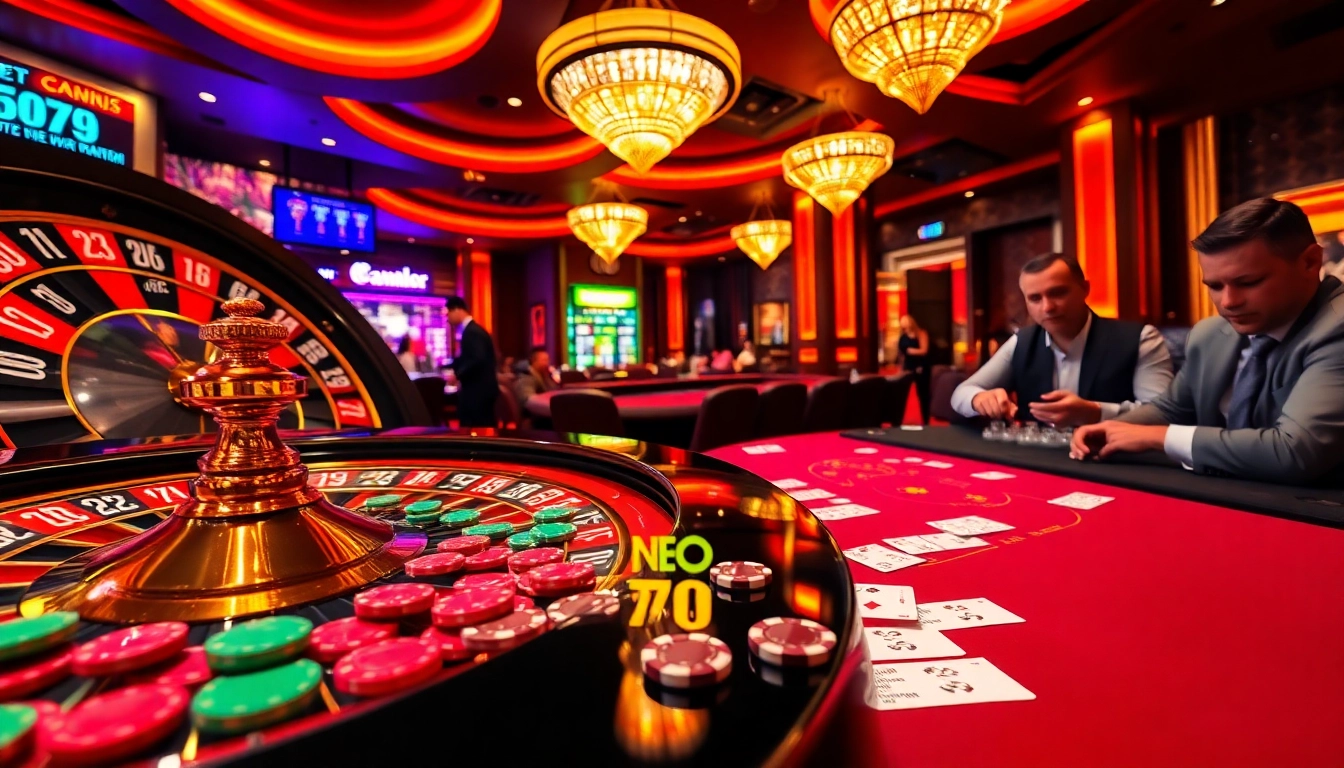 Experience the excitement of NEO79 casino with vibrant roulette wheels and engaging players.