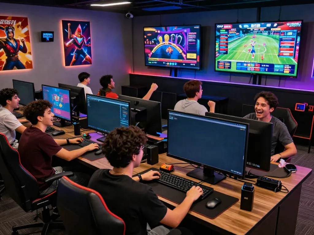 A80 gaming platform scene with players enjoying various games in a vibrant gaming lounge.