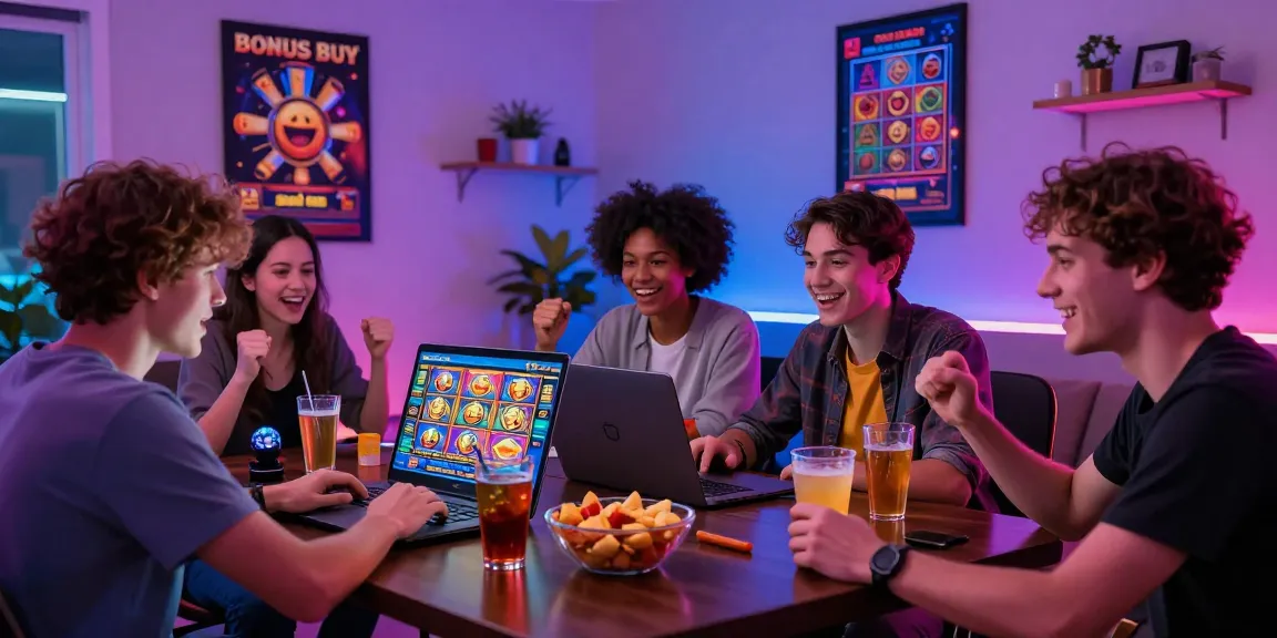 Excited players engaging with Bonus Buy slots in a vibrant home setting, showcasing an immersive gaming experience.