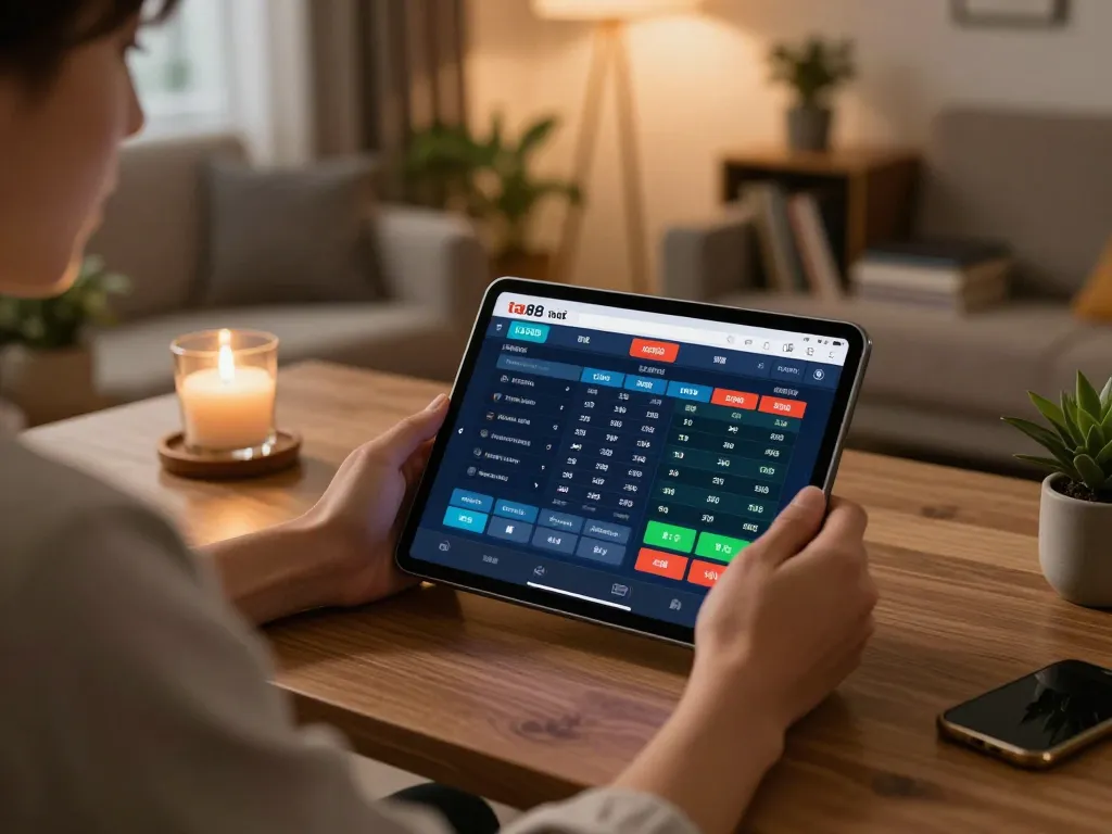 Engaged player using ta88 app for live sports betting during evening.