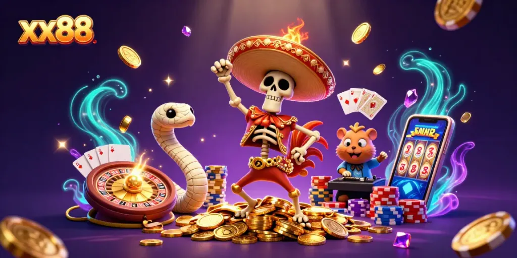 Spin to win with xx88's vibrant casino scene featuring a dancing mariachi rooster and exciting game elements.