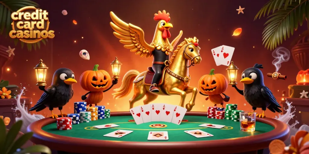 Experience vibrant credit card casinos action with a golden rooster and lavish game details.
