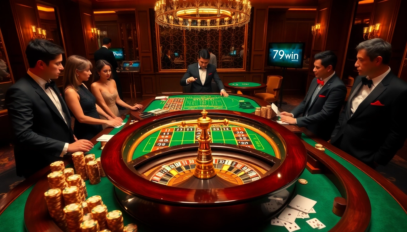 Exciting roulette action featuring 79win logo and elegant gamblers in a luxurious casino.