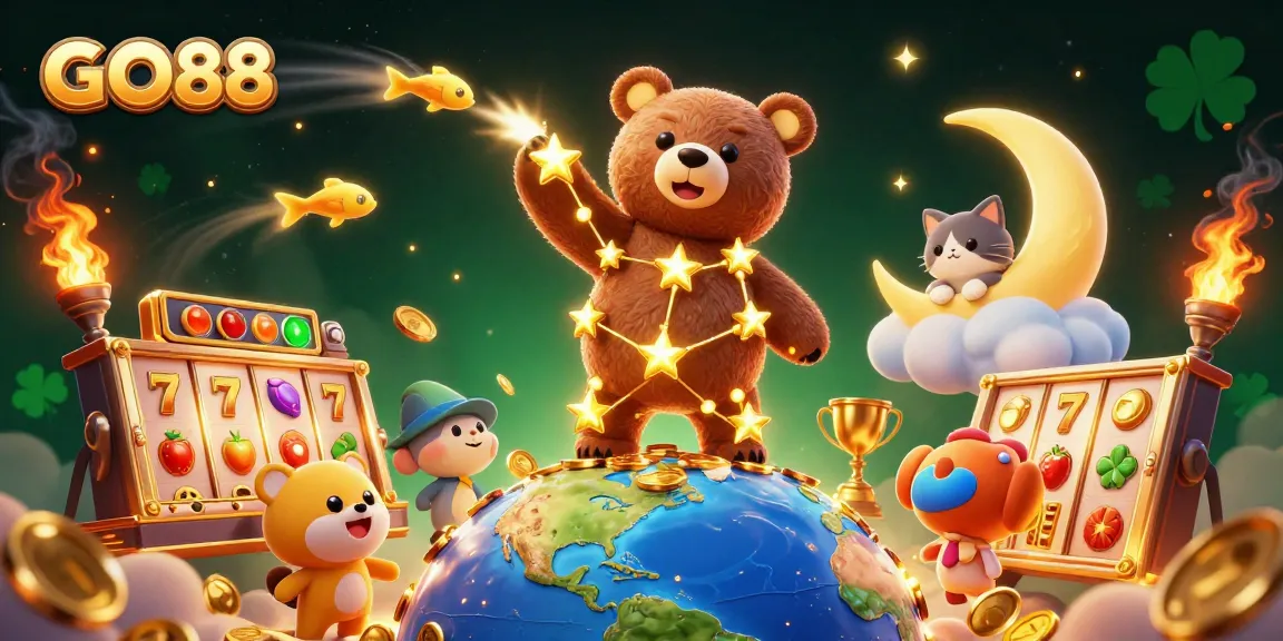Experience the thrilling world of GO88 with vivid slot games and golden elements featuring a magical constellation bear.