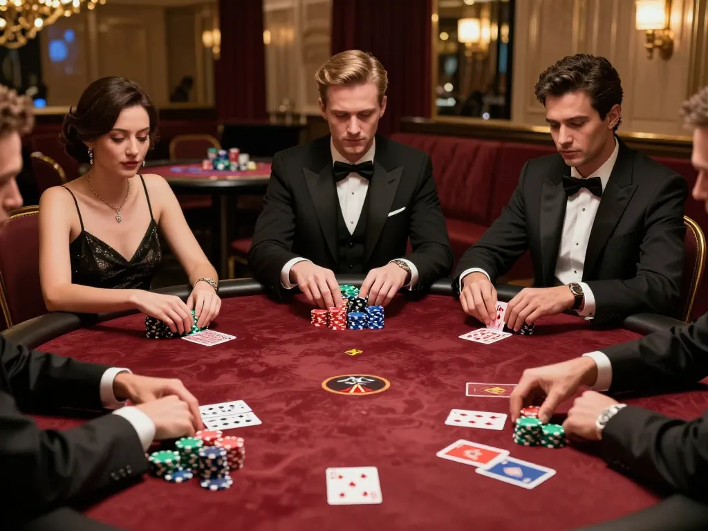 cm88 players engaged in intense poker game with colorful chips and cards at luxury casino table