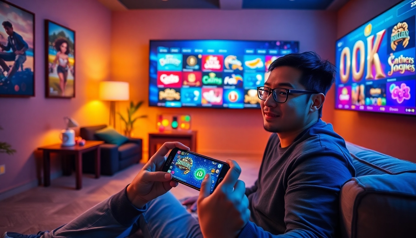 User playing exciting GO88 games on a smartphone in a vibrant gaming environment.