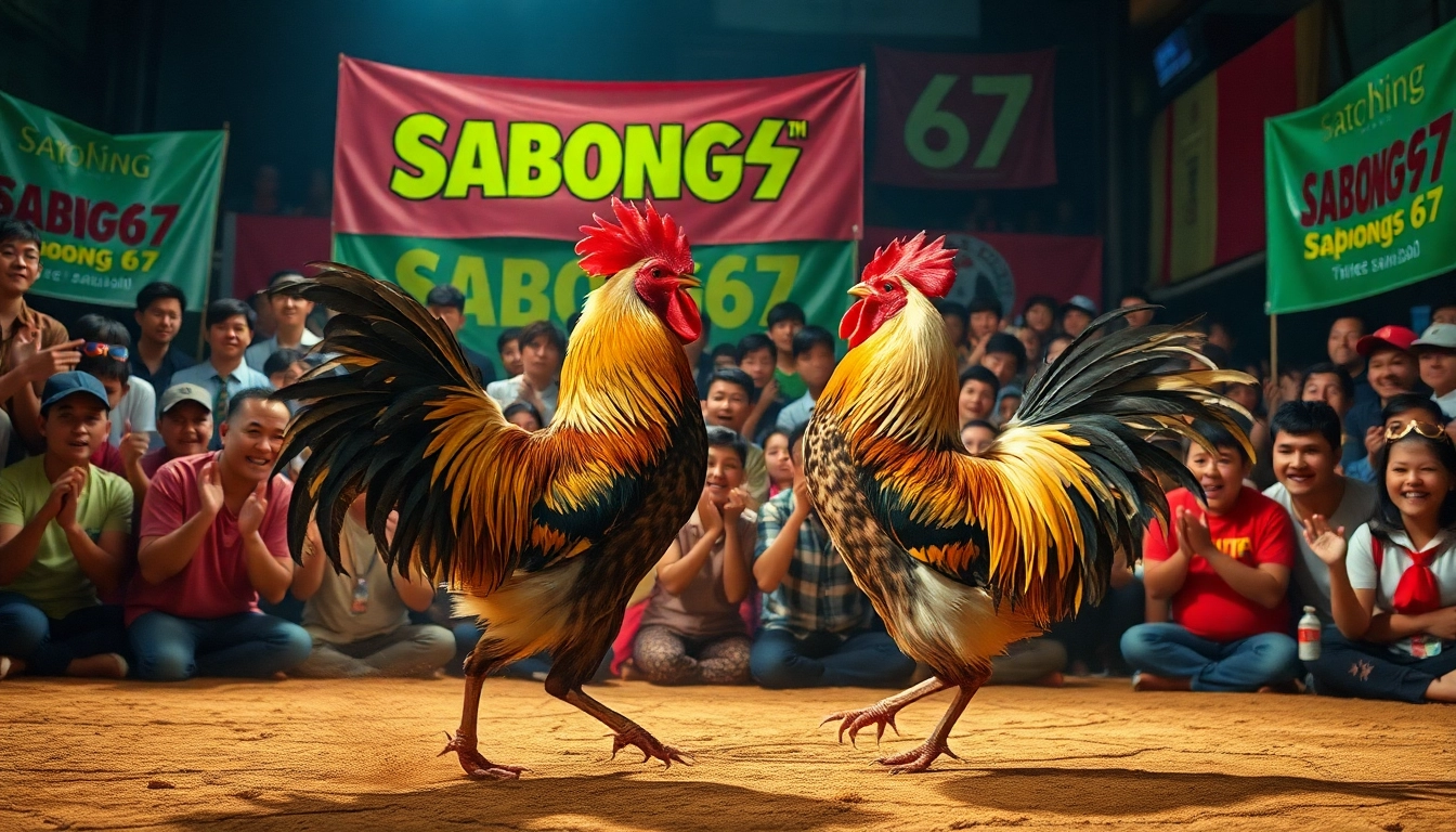 Live action at sabong 67 with vibrant atmosphere and cheering crowd surrounding cockfighting event.