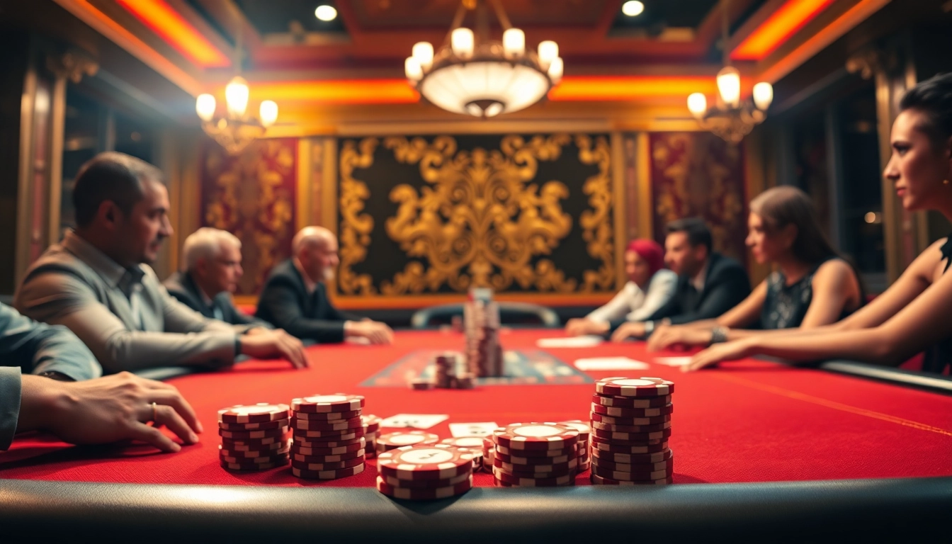 Katsu5 Resmi menampilkan suasana permainan poker di kasino mewah dengan penekanan pada dukungan dan kemewahan.
