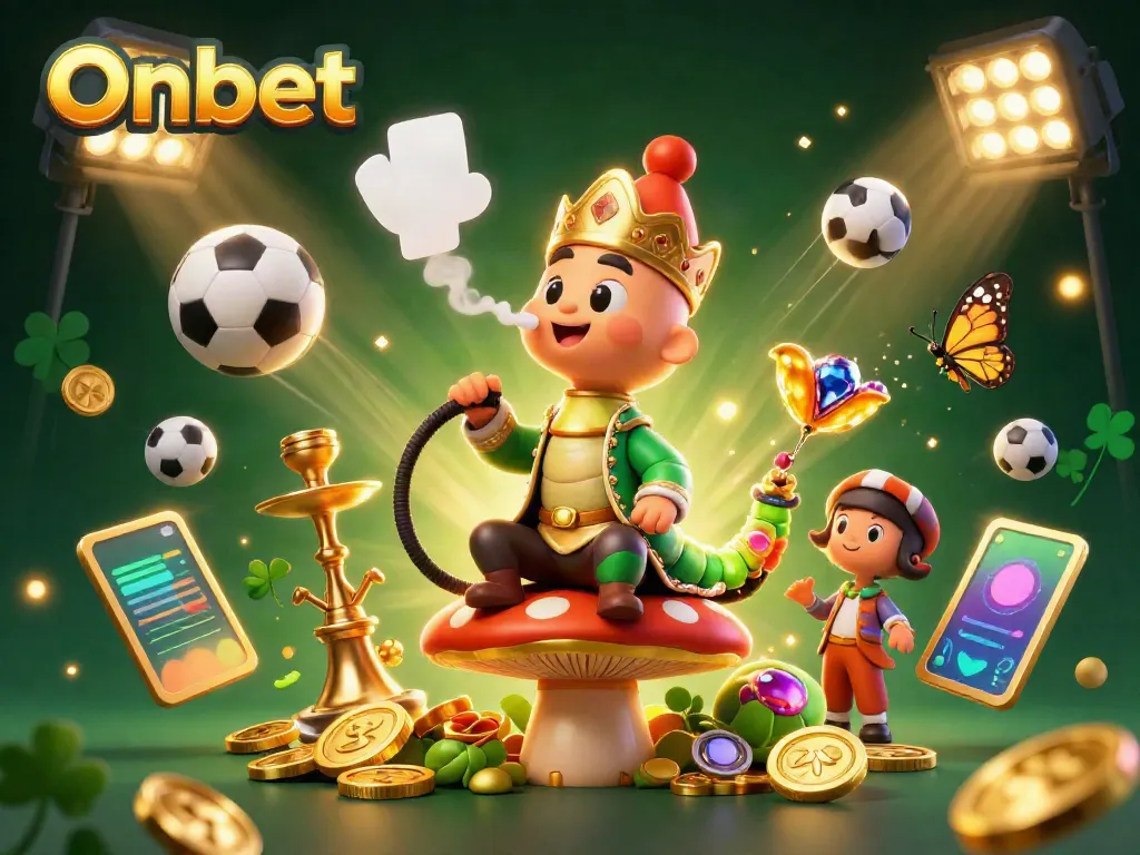 Engage with Onbet in a vibrant 3D casino scene full of sports elements and golden treasures.