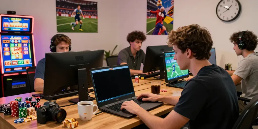 Players enjoying an online gambling experience with XX88 in a cozy home office.