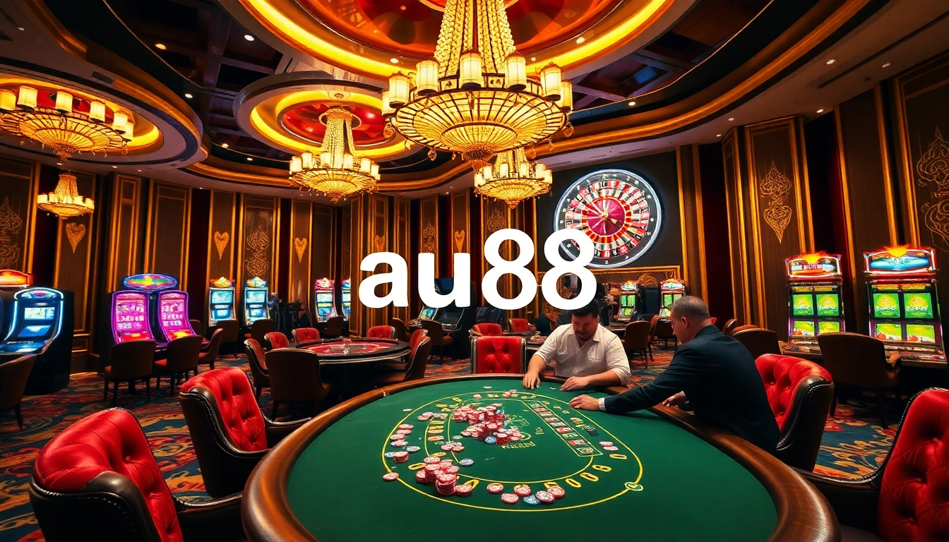 Players enjoying poker at an upscale casino with AU88 branding, showcasing excitement and luxury.