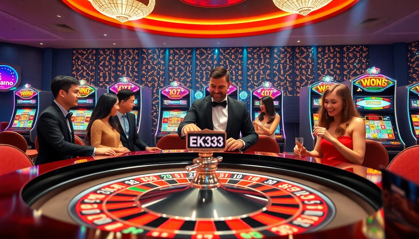 Players enjoying a thrilling roulette game at EK333 casino, filled with vibrant colors and excitement.