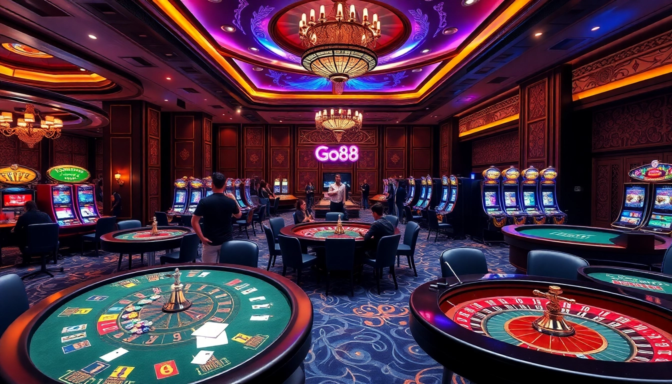Go88 gaming area with vibrant casino tables and excited players enjoying their bets.
