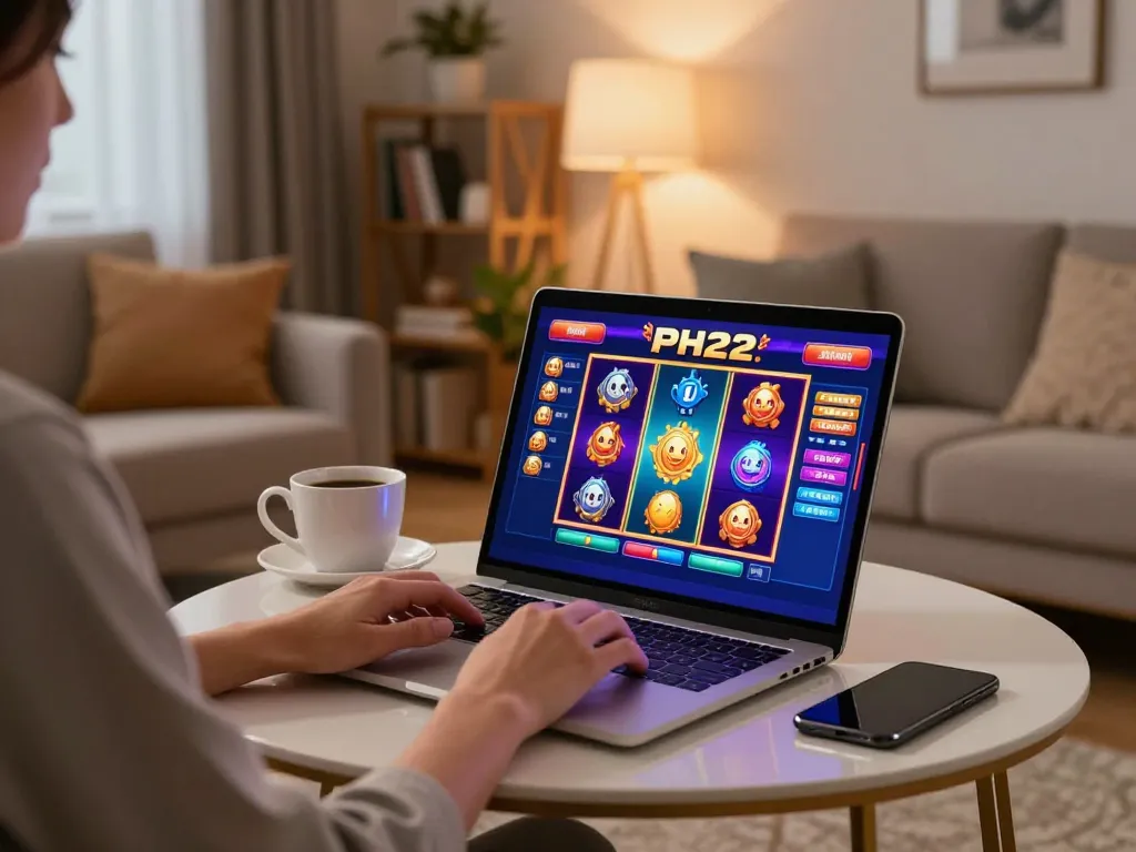 Player engaging with PH22 slots on a laptop in a cozy home environment, capturing the online casino experience