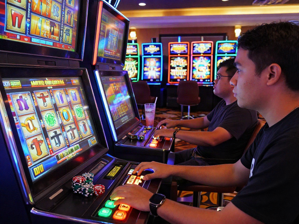 Player engaged in slot gacor gaming experience at a vibrant casino, with dynamic reels and colorful atmosphere.