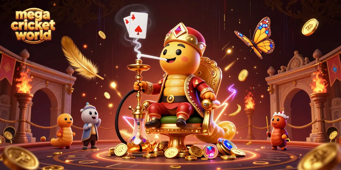 Bet on mega cricket world with golden coins, poker hands, and dynamic betting elements.