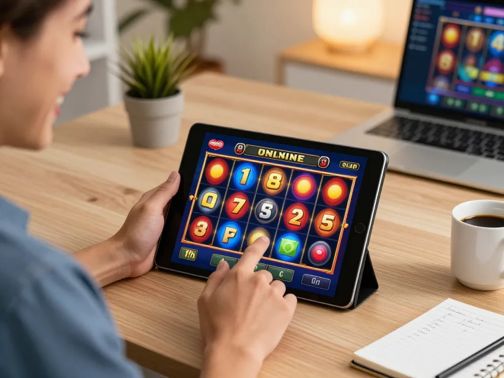 Engaging in slot online gameplay with colorful reels spinning on a tablet in cozy home office.