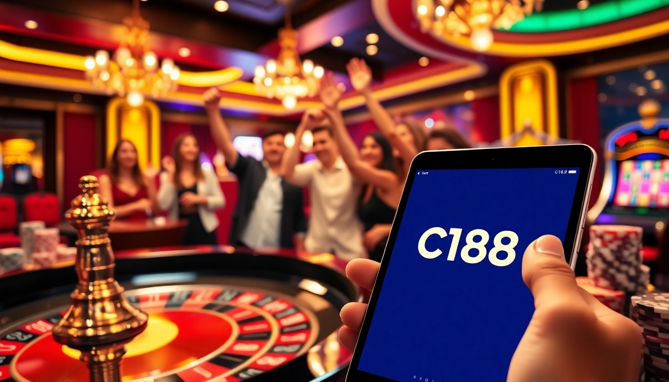 Gamblers enjoying big wins at C168 casino with vibrant slot machines and roulette table.