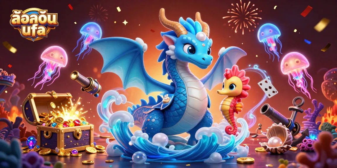 Experience thrilling entertainment with ล็อคอิน ufa as colorful jellyfish and treasures surround swirling characters in a vibrant casino scene.