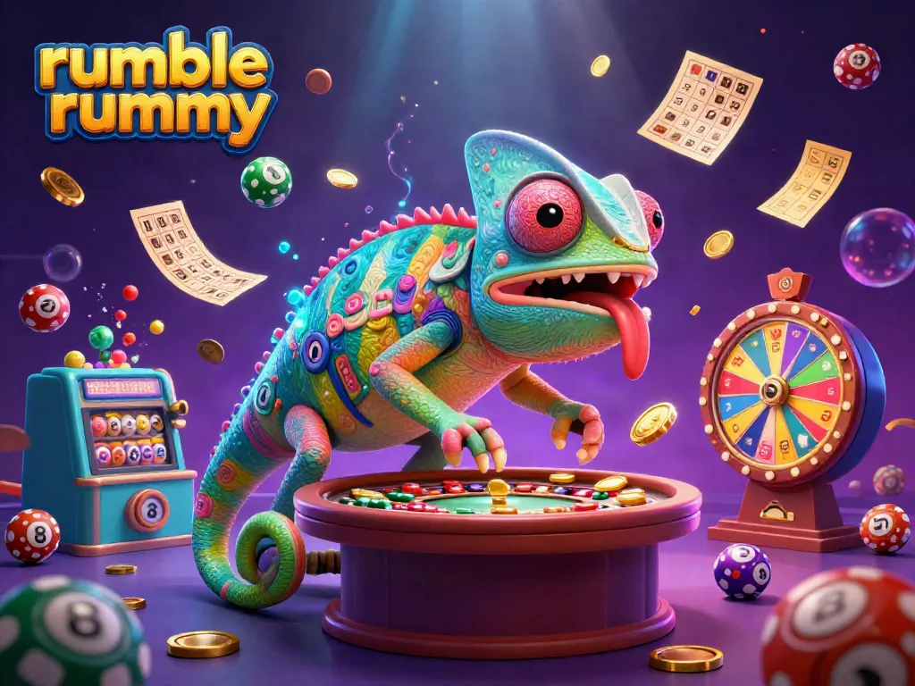 Engage in Rumble Rummy with colorful elements and a lively chameleon casino owner ready to win.