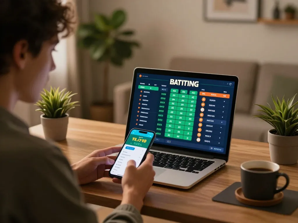 CM88 sports betting experience with a person engaging on multiple devices in a cozy home setting