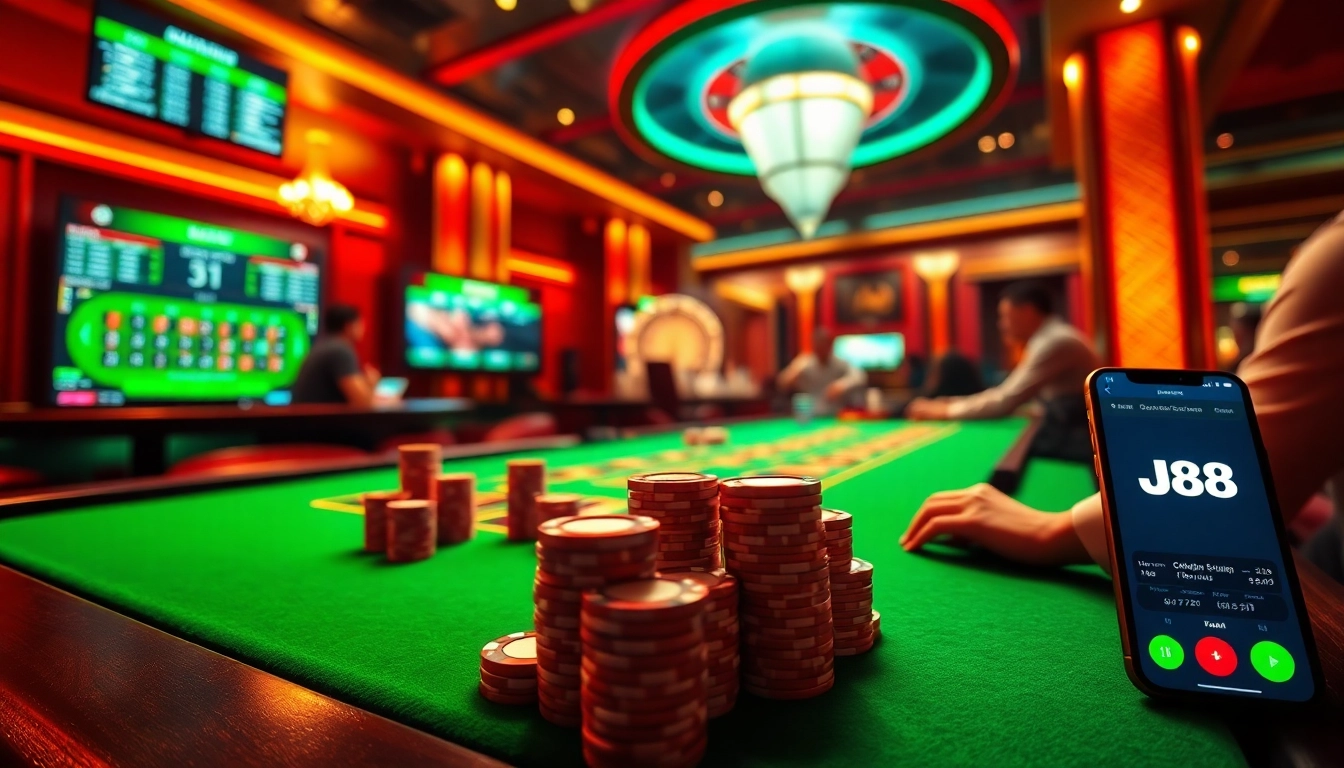 Players enjoying an exciting game at J88 Casino with vibrant colors and a thrilling atmosphere.