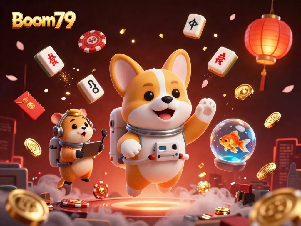 Engage with the Boom79 casino adventure featuring a floating corgi astronaut amidst vibrant gaming elements.